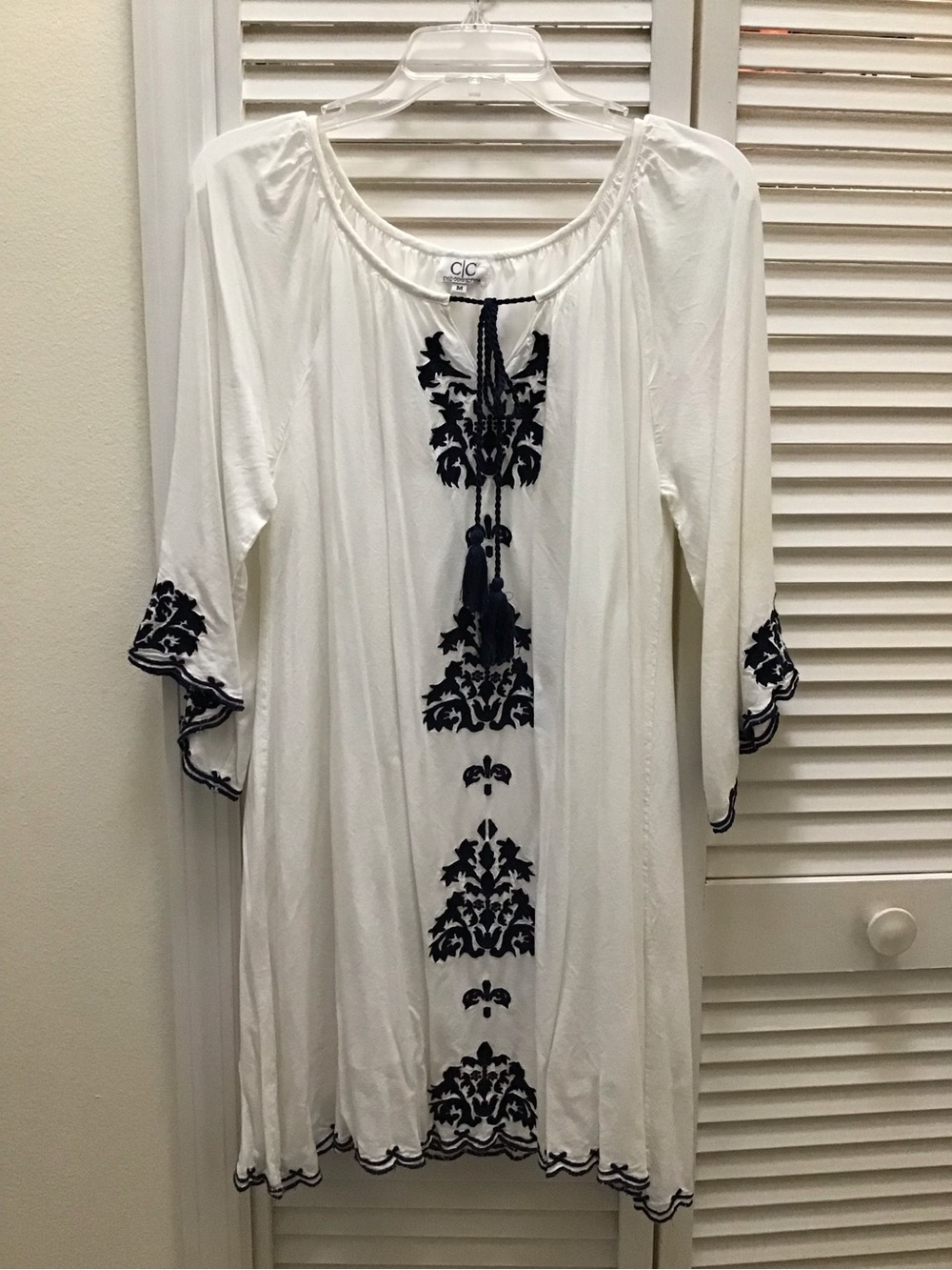 C&C California White Tunic with Navy Embroidered Motifs